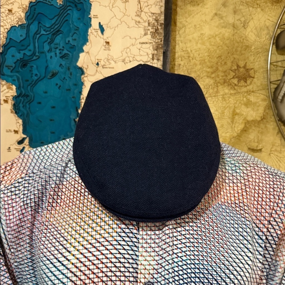 Voboom Classic Black/Dark Navy Herringbone Newsboy Wool Blend Flat Cap